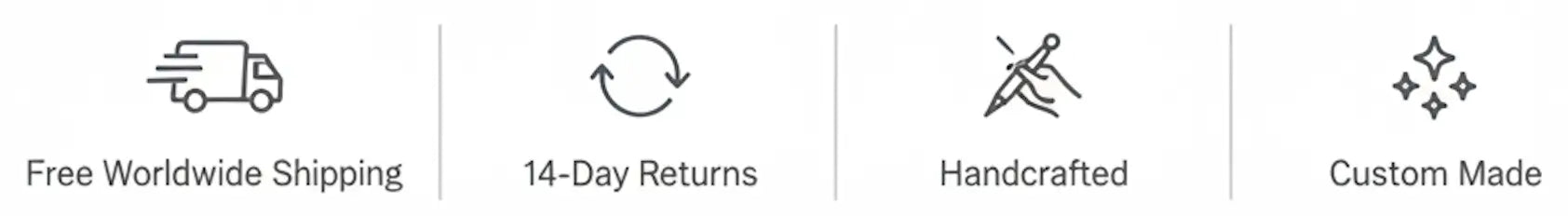 Set of icons with text labels for free worldwide shipping, 14-day returns, handcrafted items, and custom made products.