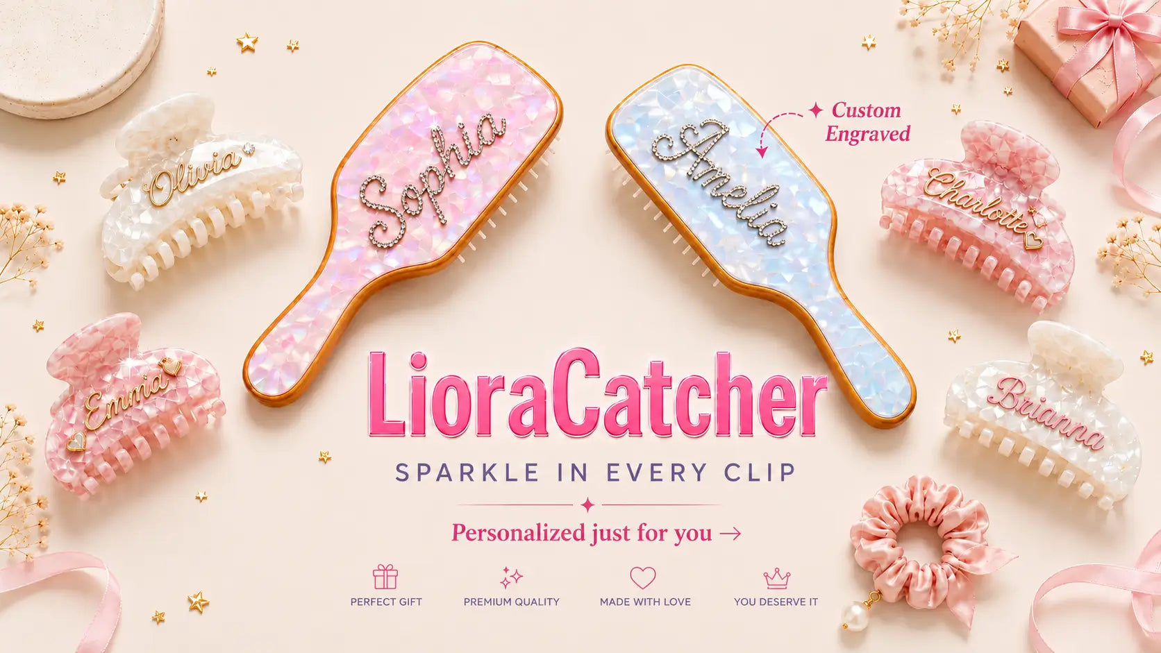 LioraCatcher personalized hair brushes and hair claws with custom rhinestone name engraving — Sparkle in Every Clip