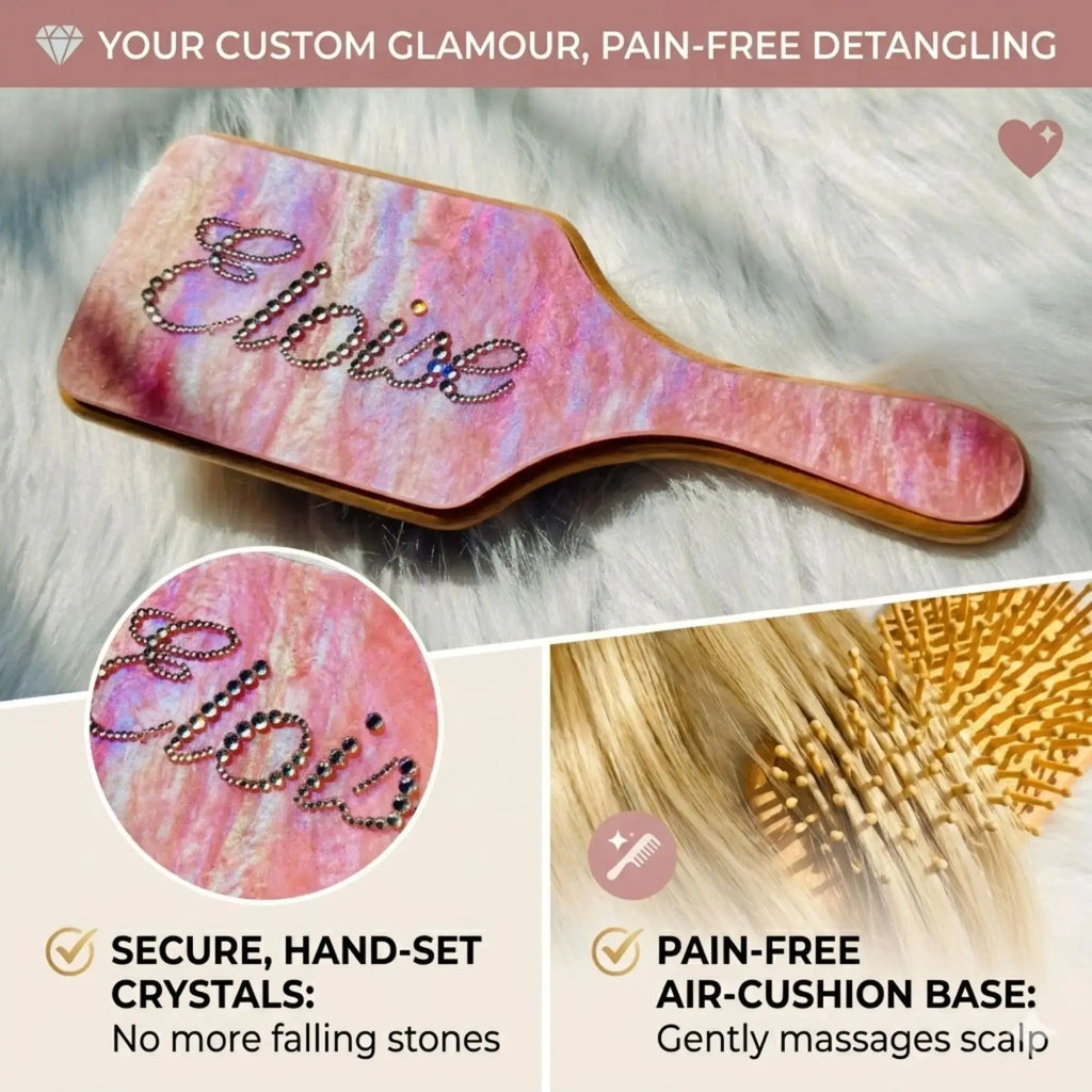 Pink marbled air cushion hair brush with rhinestone script and wooden handle