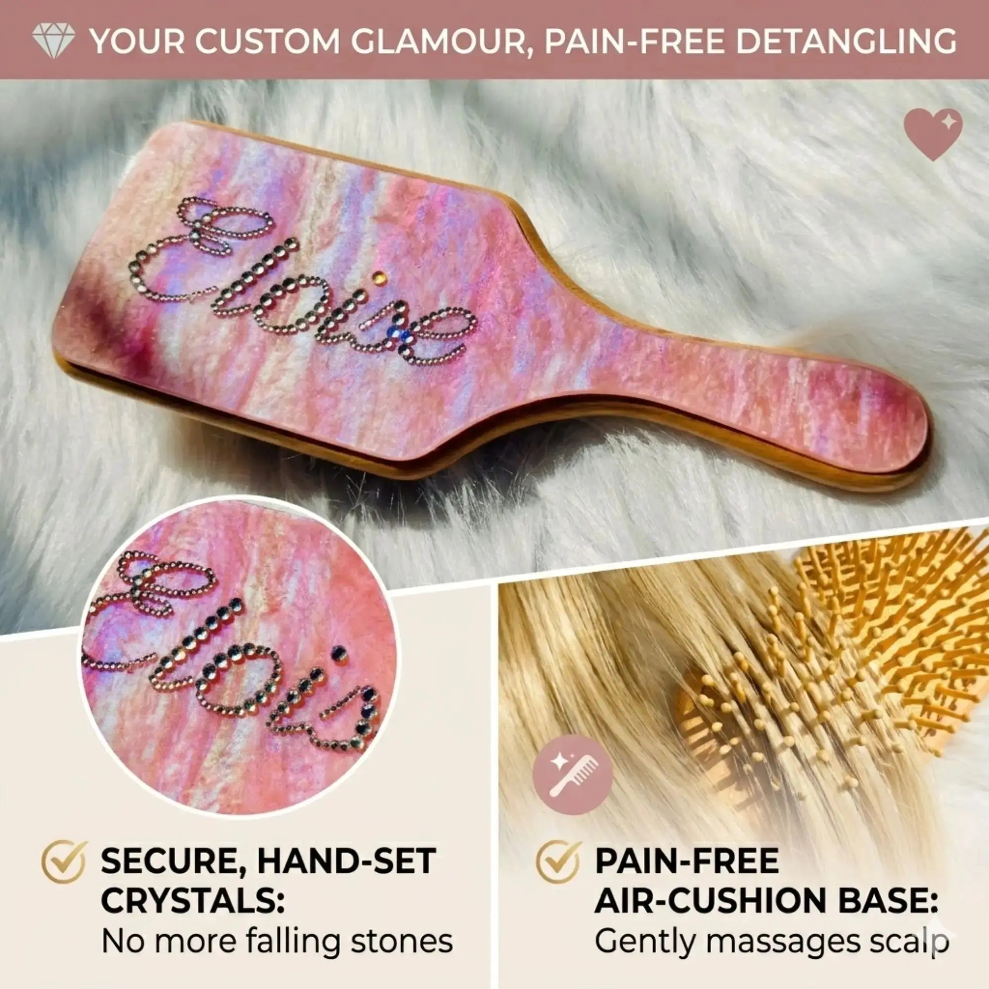 Pink marbled air cushion hair brush with rhinestone script and wooden handle
