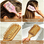 Air cushion hair brush with rhinestone script, wooden base, and gold bristle pins