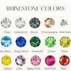 Rhinestone color chart with clear, iridescent, black, champagne, and other stone shades