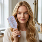 Personalized rhinestone hair brush with engraved name on light blue paddle, held in hand