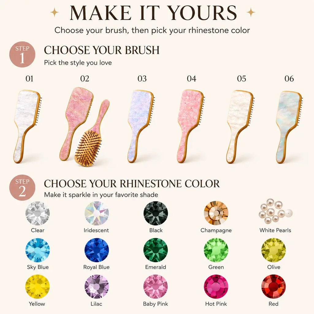 Hair brush color options with pink patterned brush and rhinestone color swatches