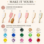 Hair brush color options with pink patterned brush and rhinestone color swatches