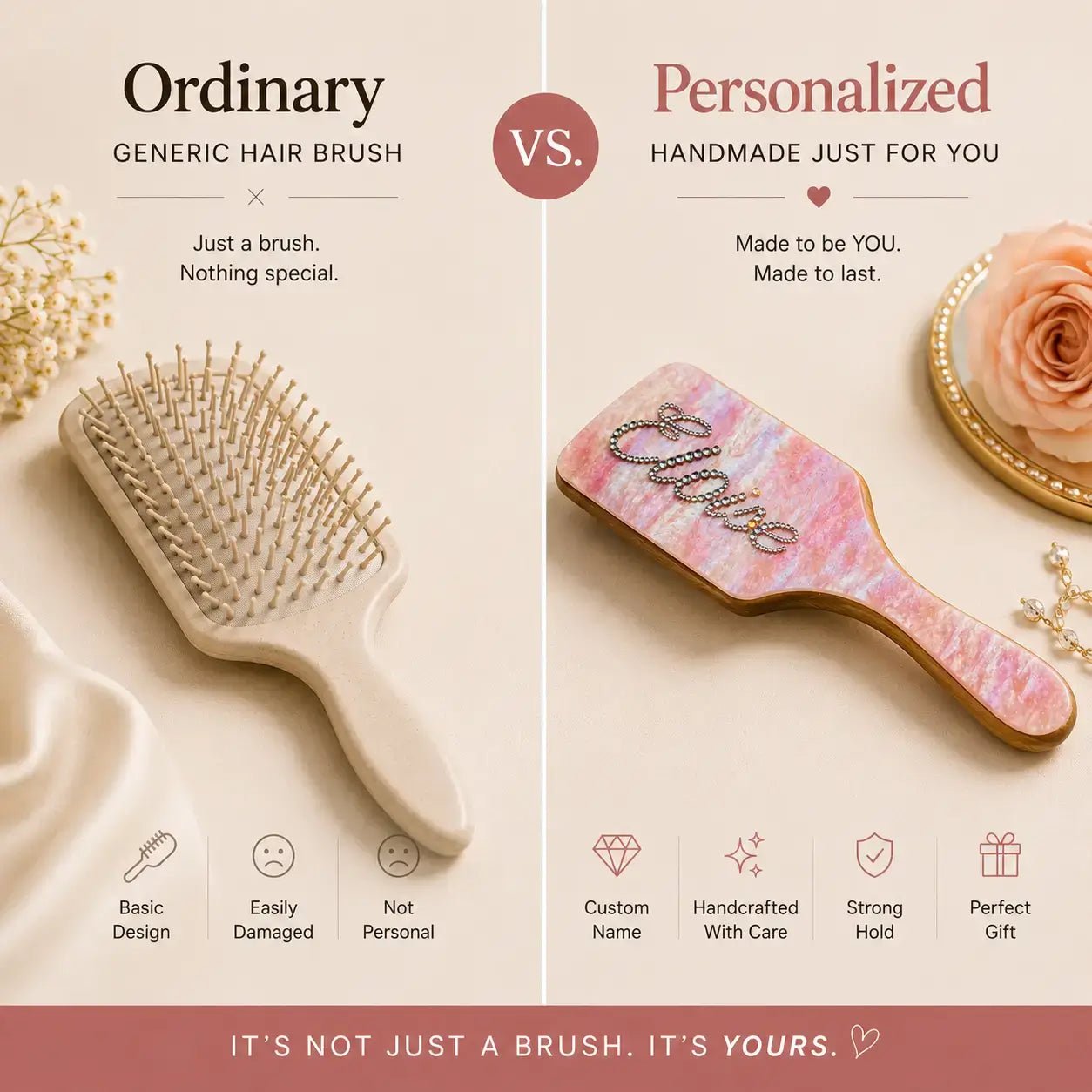 Pink rhinestone hair brush with wooden handle, anti-static bristles