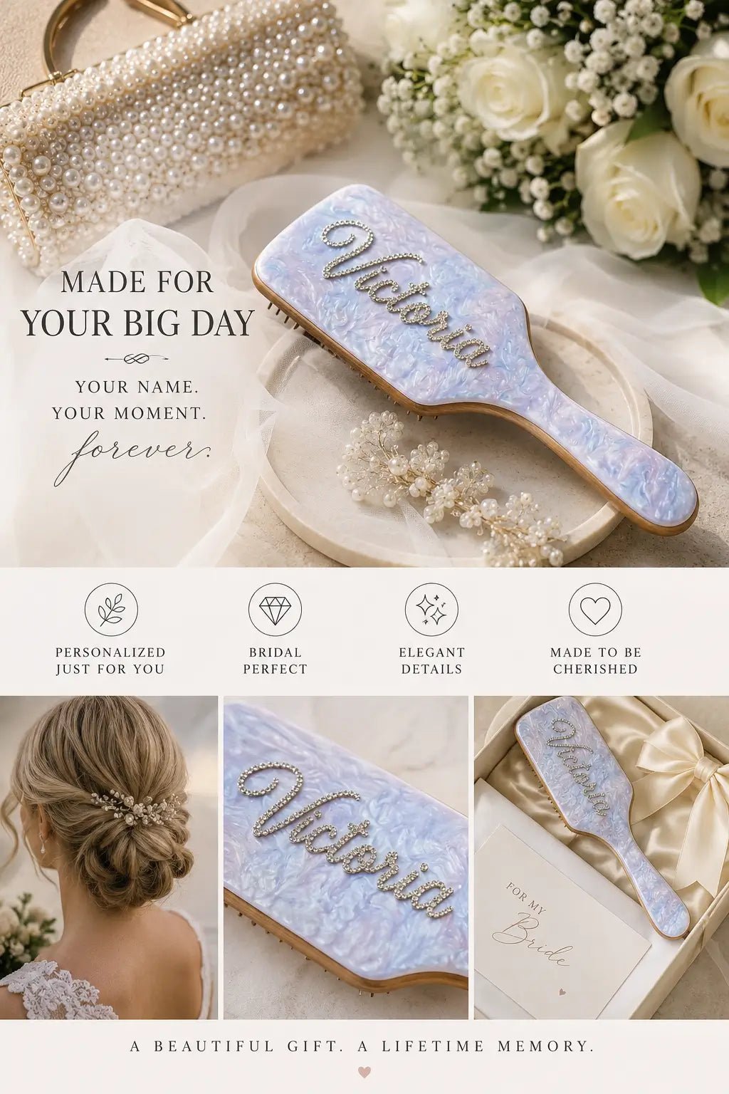 Pink rhinestone air-cushion hair brush with script design, gift-ready packaging