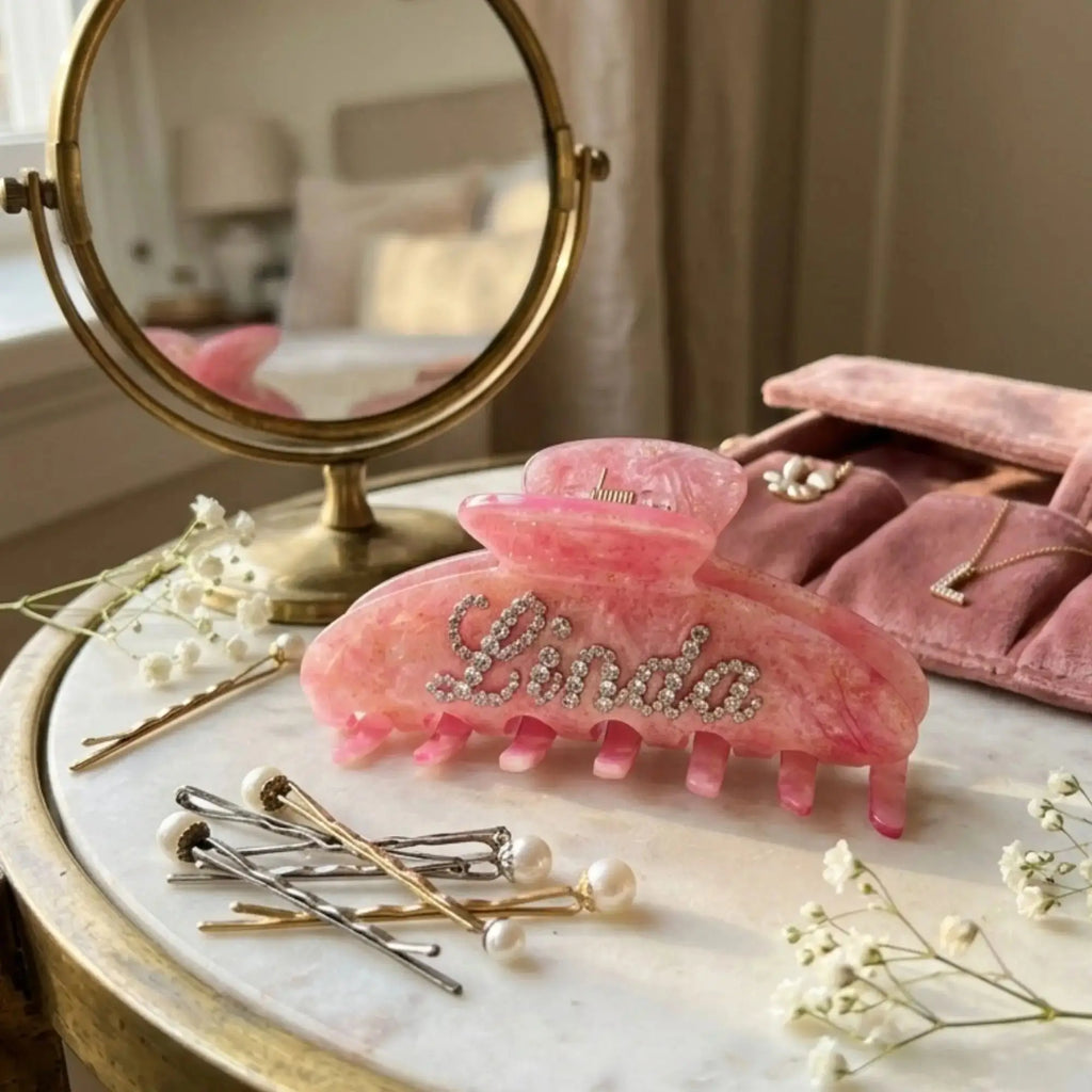 Pink rhinestone hair claw with glittery letter design and decorative pins