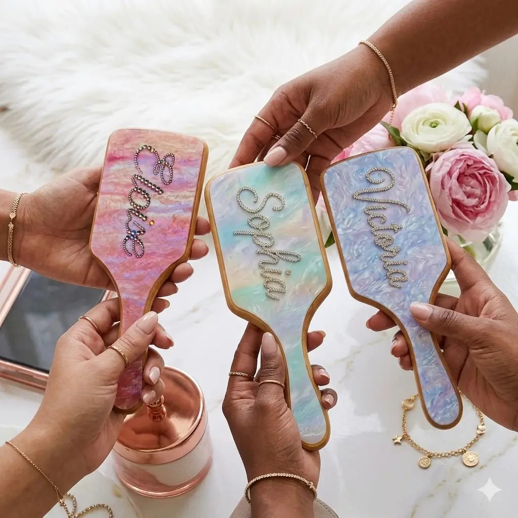 Wooden air cushion hair detangler brush with rhinestone name, pastel iridescent handle