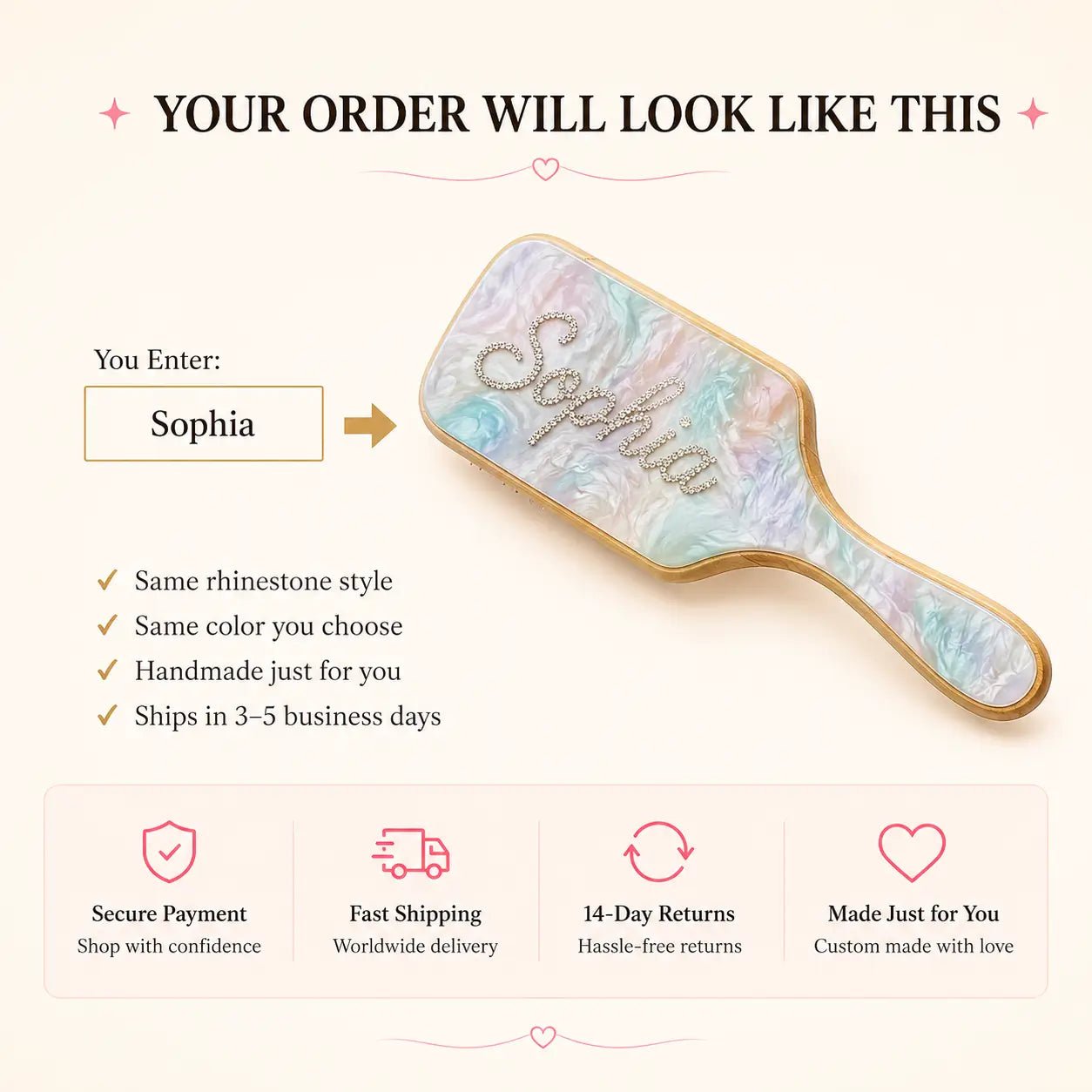 Iridescent air-cushion hair brush with rhinestone bow design and wooden handle