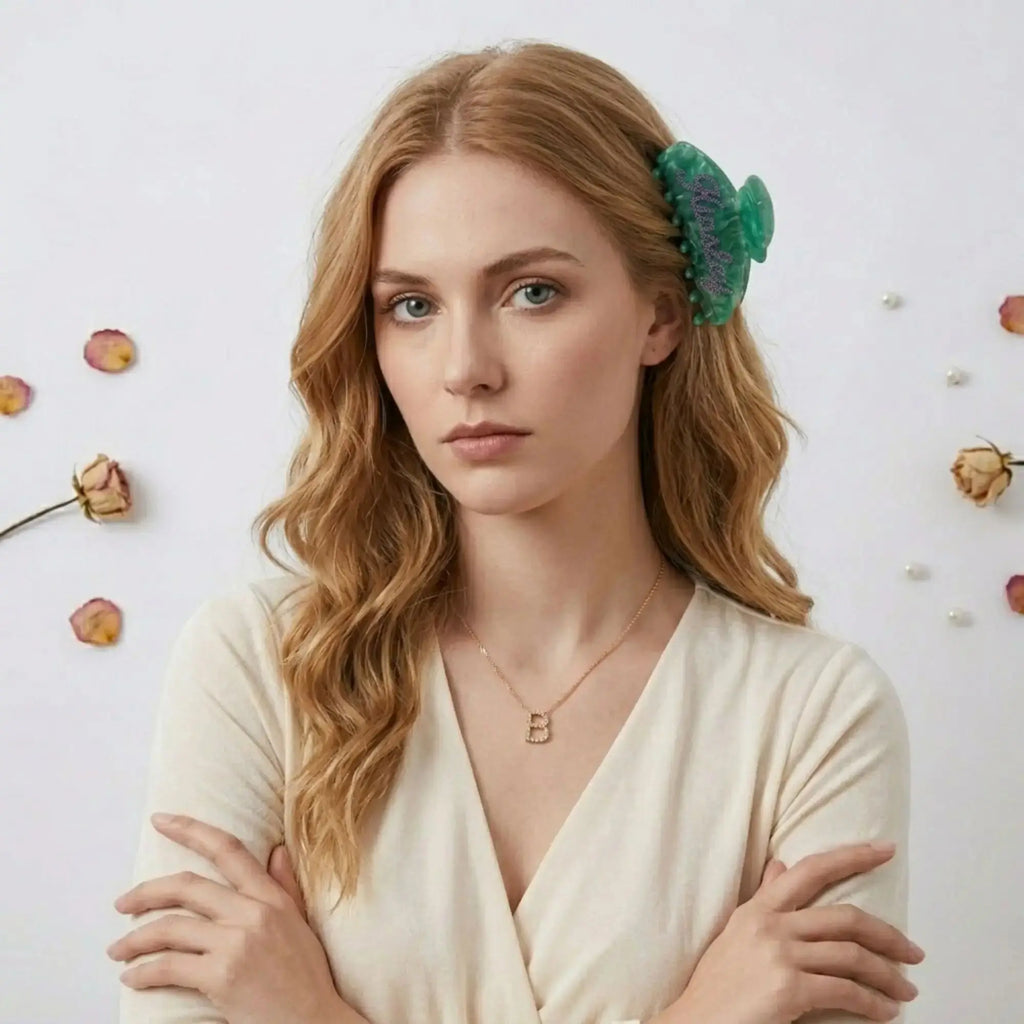 Green decorative hair claw clip with leaf-like design