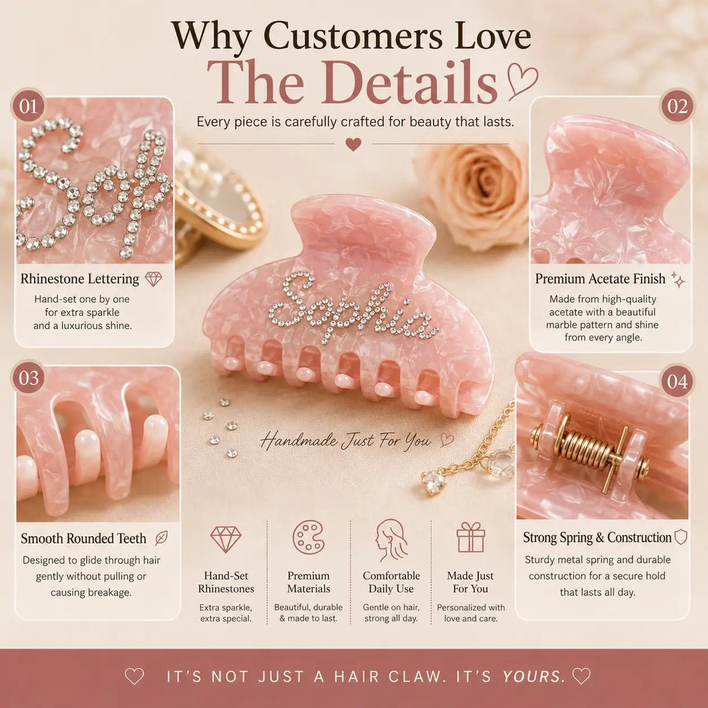 Pink acrylic hair claw with rhinestone handle, non-slip teeth for thick hair