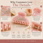 Pink acrylic hair claw with rhinestone handle, non-slip teeth for thick hair