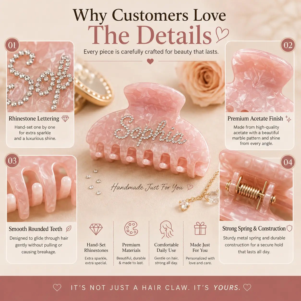 Pink acrylic hair claw with rhinestone handle, non-slip teeth for thick hair