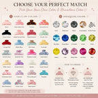 Hair claw color and rhinestone color chart with claw silhouettes and stones