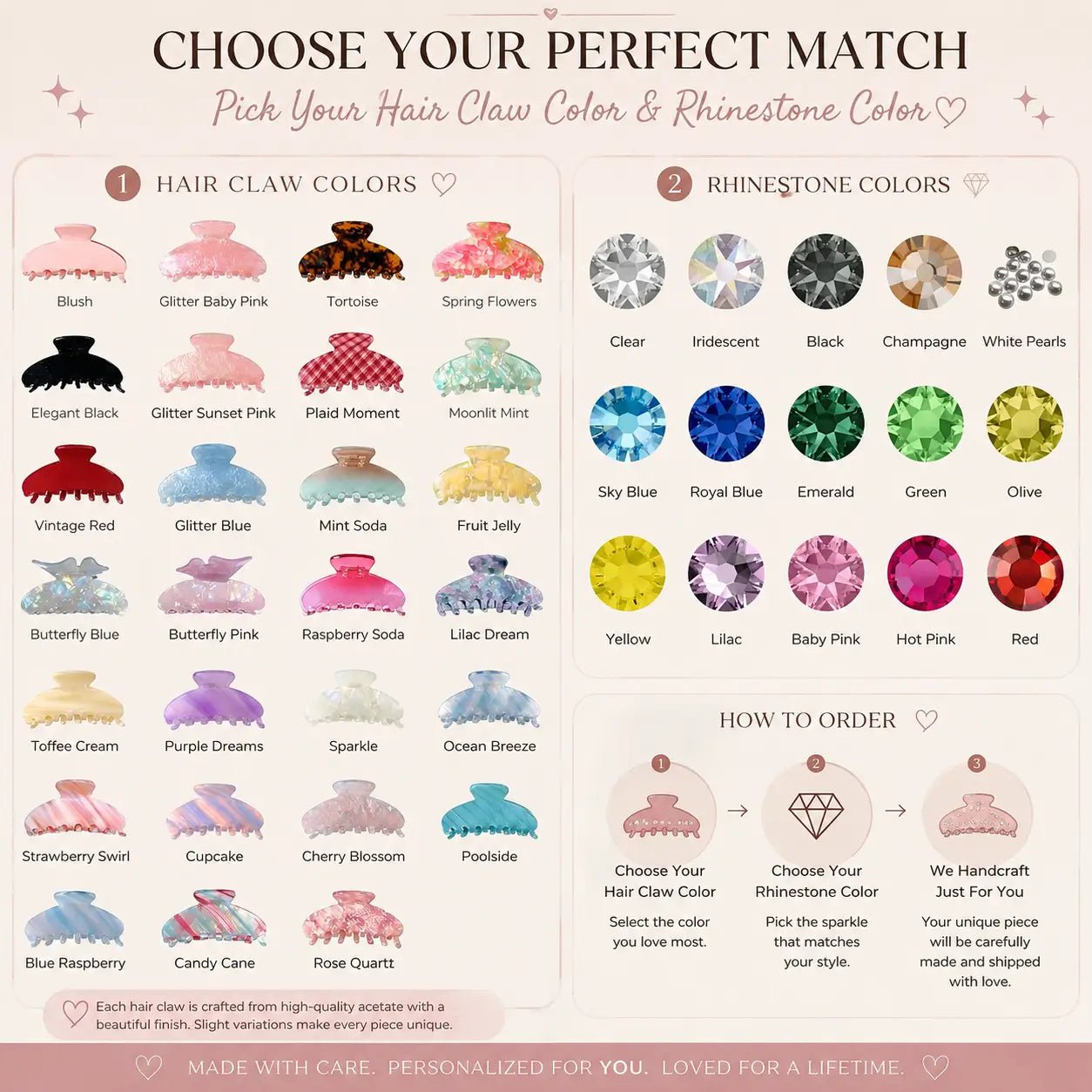 Hair claw color and rhinestone color chart with claw silhouettes and stones