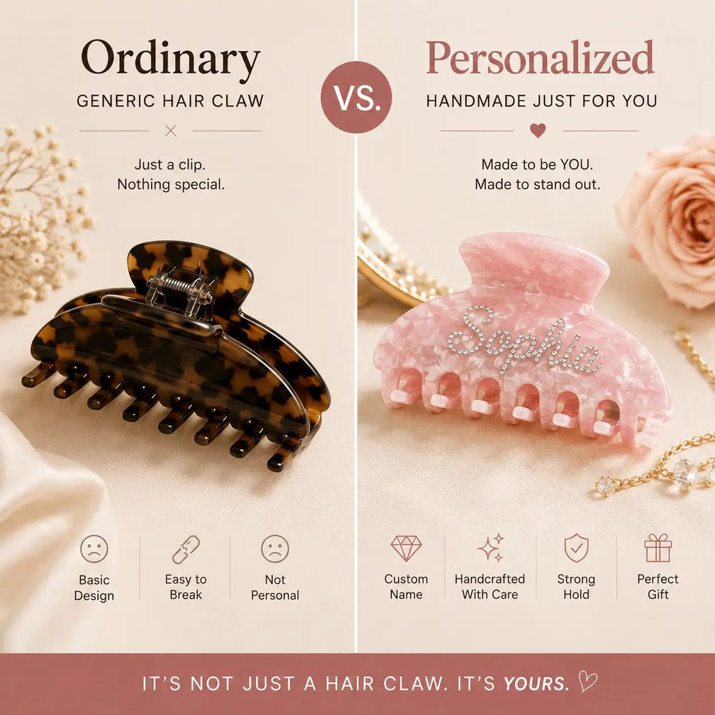 Tortoise and pink rhinestone hair claw clips shown side-by-side