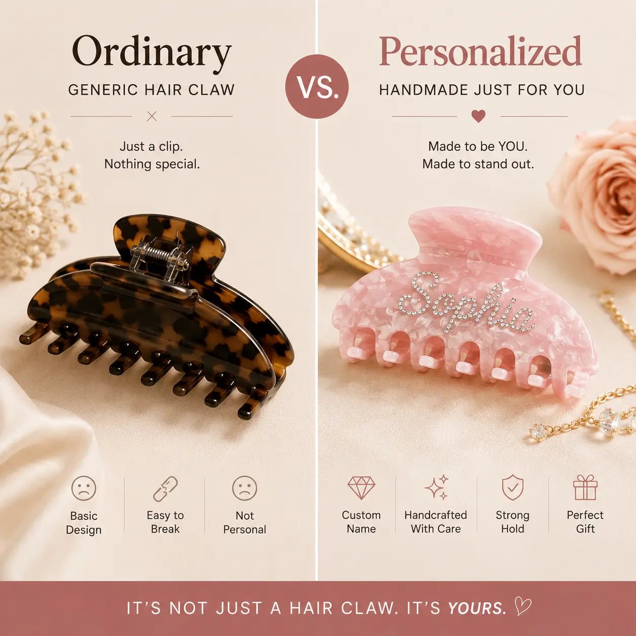 Tortoise and pink rhinestone hair claw clips shown side-by-side