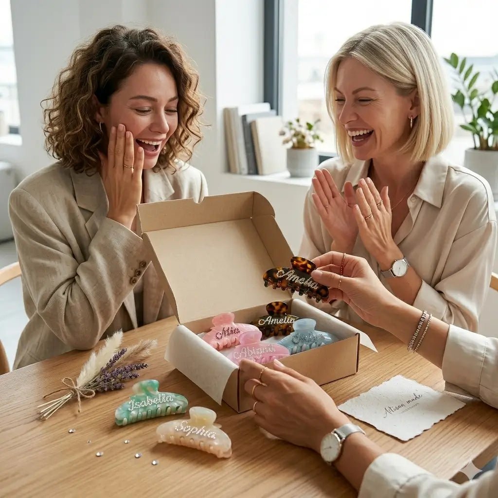 Two women opening a box filled with personalized hair claw clips