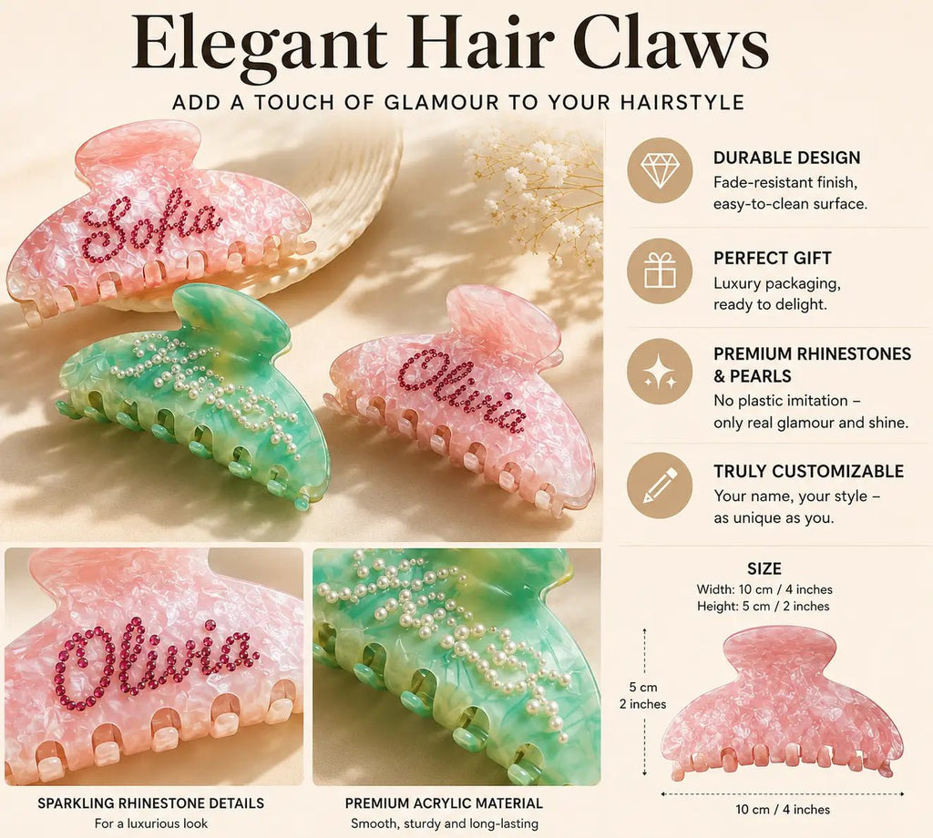 Engraved hair claw with pink and green rhinestone accents and secure teeth