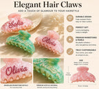 Engraved hair claw with pink and green rhinestone accents and secure teeth