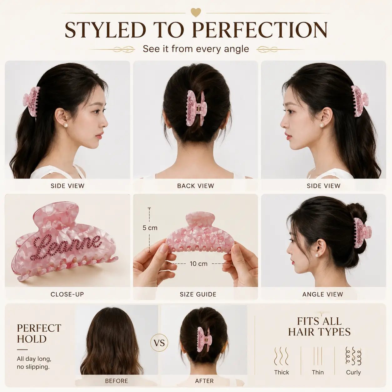 Pink acrylic hair claw clip with textured non-slip grip for thick hair