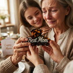 Tortoise acetate hair claw with rhinestone “Best Mom” lettering.