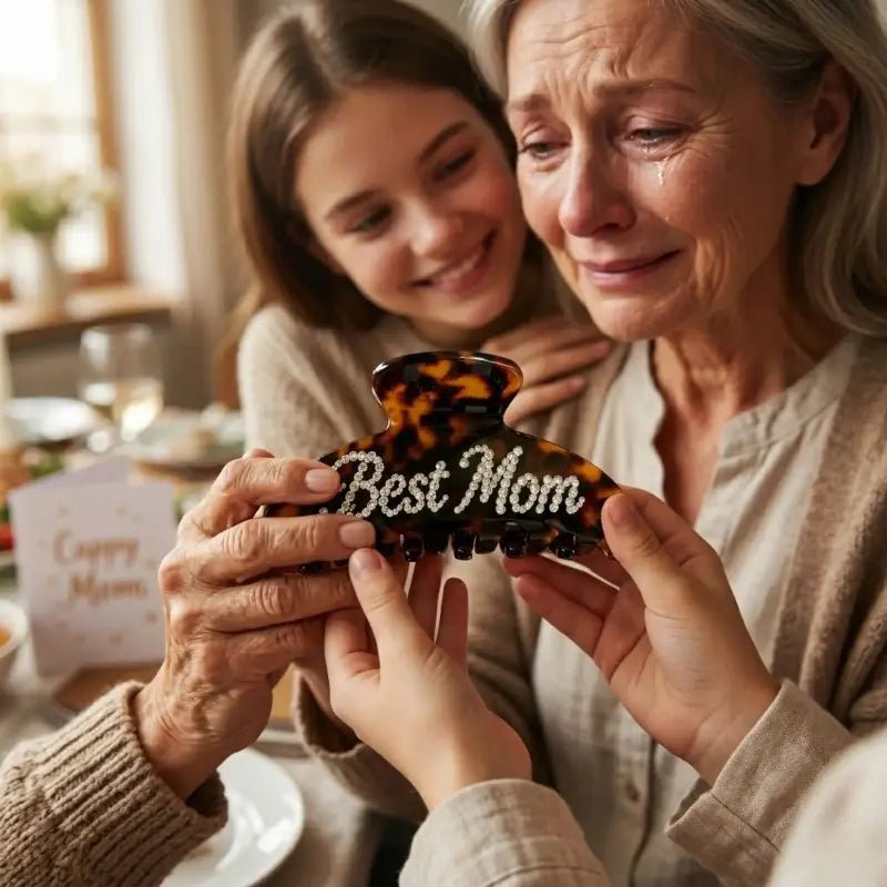 Tortoise acetate hair claw with rhinestone “Best Mom” lettering.