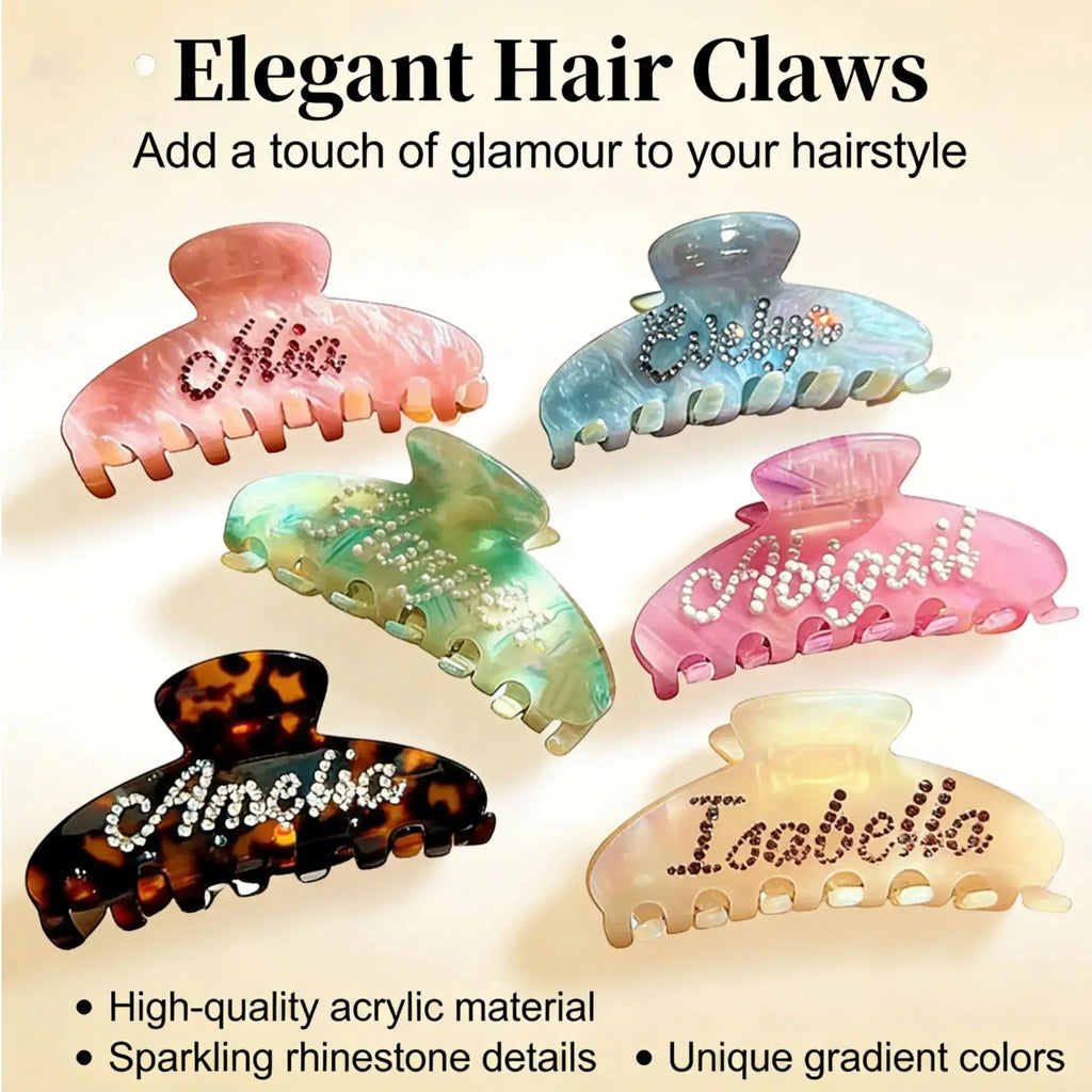 Set of pastel acrylic hair claws with rhinestone lettering details.