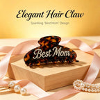 Tortoiseshell acetate hair claw clip with pearl-rhinestone 'Best Mom' engraving