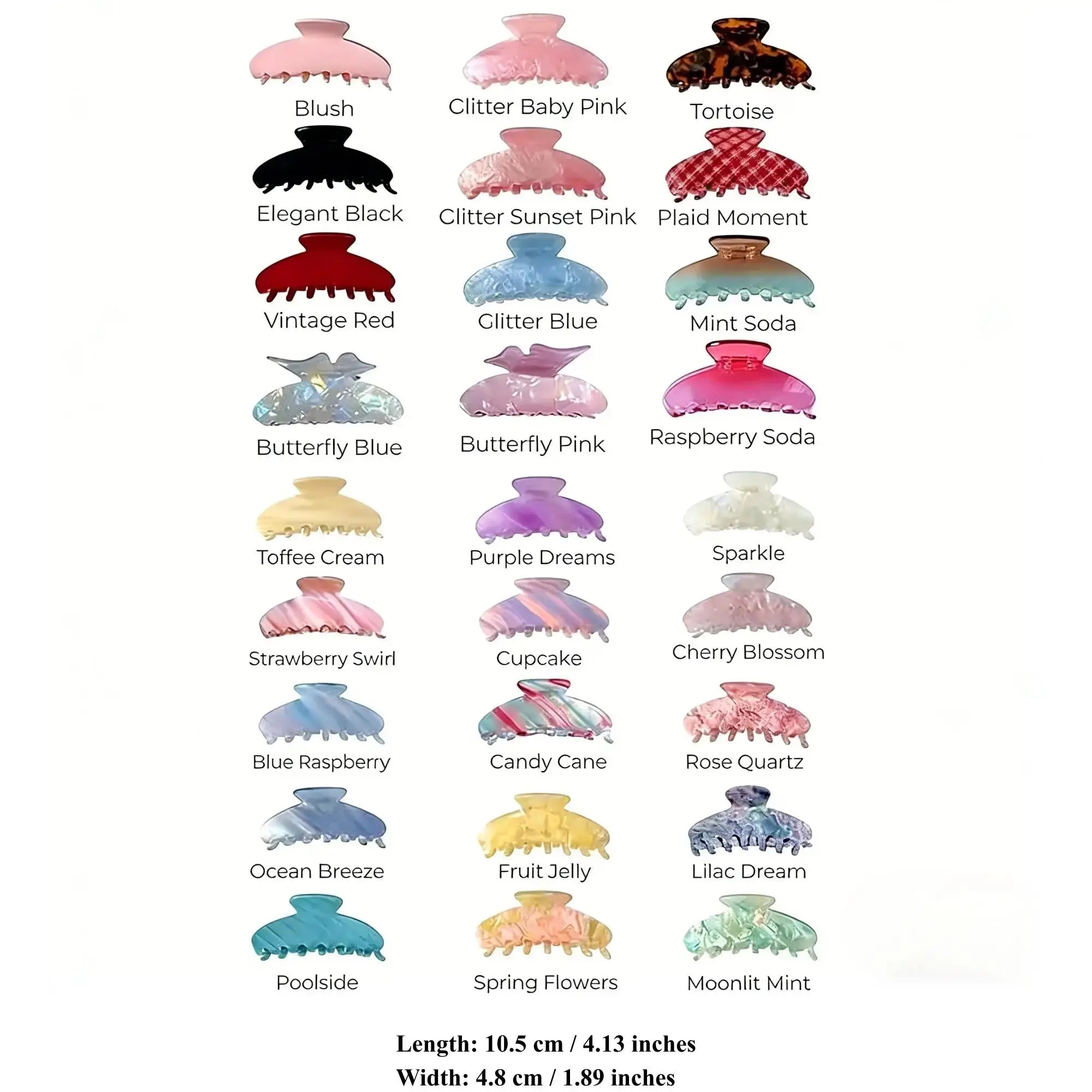 Assorted acrylic hair claws in multiple colors and glitter finishes.